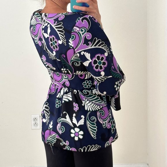 EUC Tibi Silk Paisley Navy & Purple Tie Front Tunic Top 3/4 Sleeve Sz Small - Picture 3 of 13